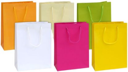 Immagine di SACCHETTI SHOPPER TINTA UNITA 16x8x19cm 12pz CON MANICO CORDA COLORI ASSORTITI