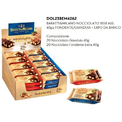 Immagine di BARATTI&MILANO NOCCIOLATO 1858 ASS. 40pz FONDENTE/GIANDUIA + EXPO DA BANCO - PR2024