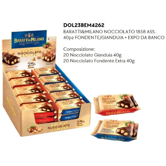Immagine di BARATTI&MILANO NOCCIOLATO 1858 ASS. 40pz FONDENTE/GIANDUIA + EXPO DA BANCO - PR2024