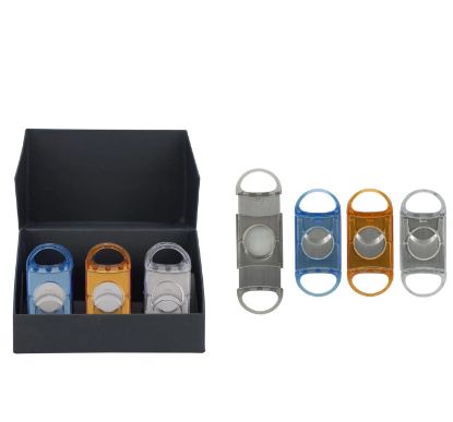 Immagine di TAGLIASIGARI GHIGLIOTTINA DOPPIA LAMA ATOMIC IN PVC 1pz TRAPARENT COLORI ASSORTITI