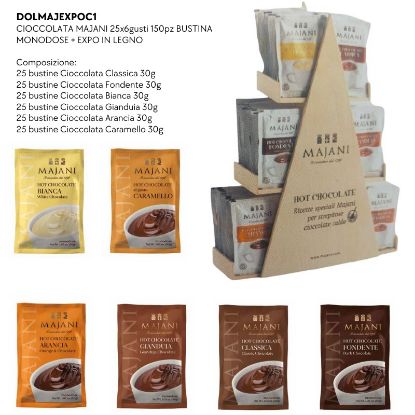 Immagine di CIOCCOLATA MAJANI 25x6gusti 150pz BUSTINA MONODOSE + EXPO IN LEGNO - PR2025