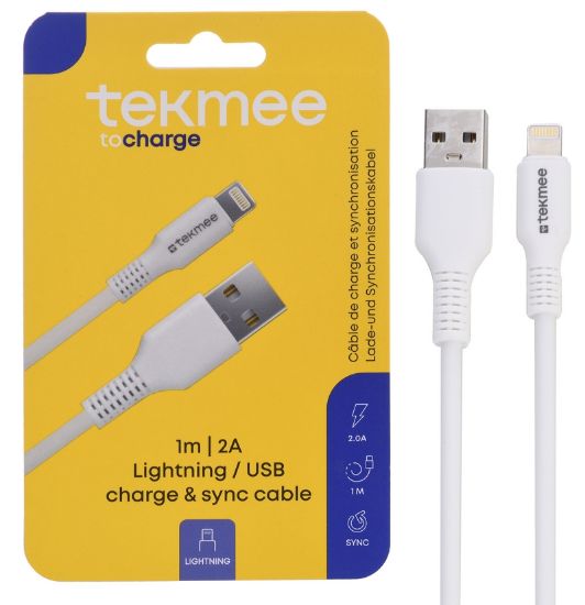 Immagine di CAVETTO USB PER APPLE BIANCO 1pz 1mt BLISTER - per IPHONE 5/6/7/8/X/11/12/13 - TEKMEE