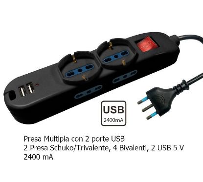 Immagine di MULTIPRESA CIABATTA 2 POSTI SCHUKO + 4 bivalenti + 2 USB -  NOVALINE