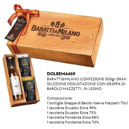 Immagine di BARATTI&MILANO CONFEZIONE 300gr GRAN SELEZIONE DEGUSTAZIONE CON GRAPPA DI BAROLO MAZZETTI - IN LEGNO - PR2025