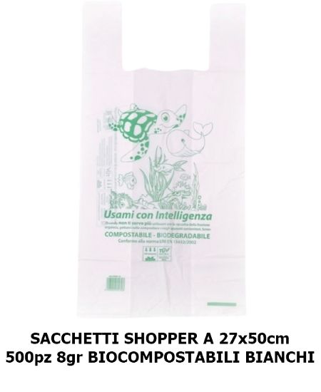 Immagine di SACCHETTI SHOPPER A 27x50cm 500pz 8gr BIO BIANCHI composta da:------