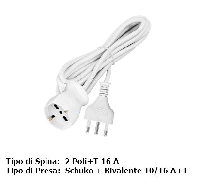 Immagine di CAVO PROLUNGA 5mt SPINA 16A/SCHUKO PRESA 10/16A BIANCO -  NOVALINE