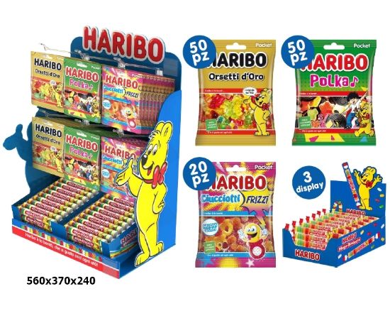 Immagine di HARIBO KIT PROMO 120 BUSTE + 3 MEGA ROULETTE  + AGGIUNGERE EXPO DA BANCO VUOTO