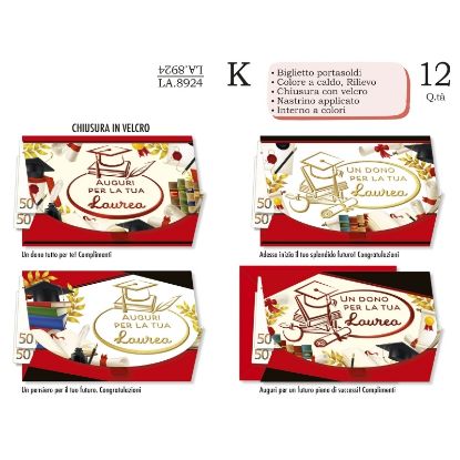 Immagine di BIGLIETTI CROMO PORTASOLDI LAUREA GLITTER ROSSO 12pz