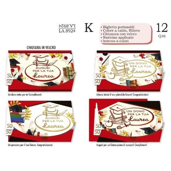 Immagine di BIGLIETTI CROMO PORTASOLDI LAUREA GLITTER ROSSO 12pz