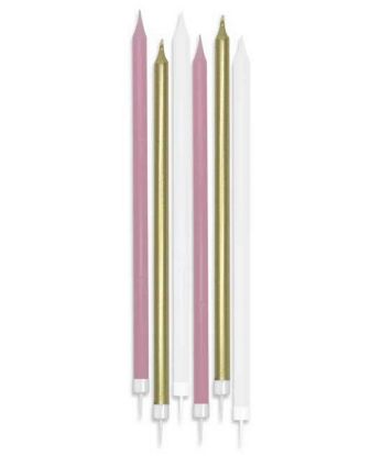 Immagine di CANDELINE MATITE 6pz 15cm ROSA BIANCO ORO