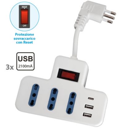 Immagine di MULTIPRESA CIABATTA DA TAVOLO 3 Pr. Bipresa 3USB 2,1A NOVALINE