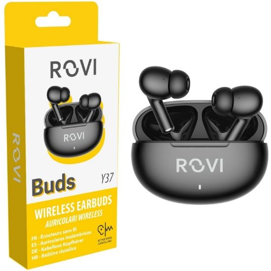 Picture of AURICOLARI CUFFIE WIRELESS BUDS Y37 1pz NERO BLISTER - ROVI