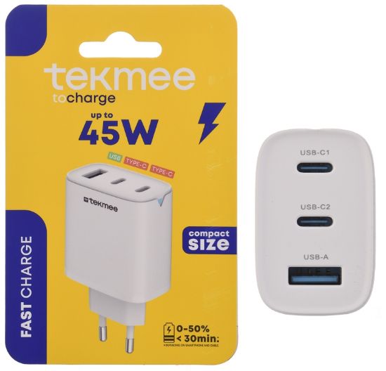 Immagine di PRESA ALIMENTAZIONE DA MURO USB + 2 TYPE-C 45w 1pz BIANCO TEKMEE