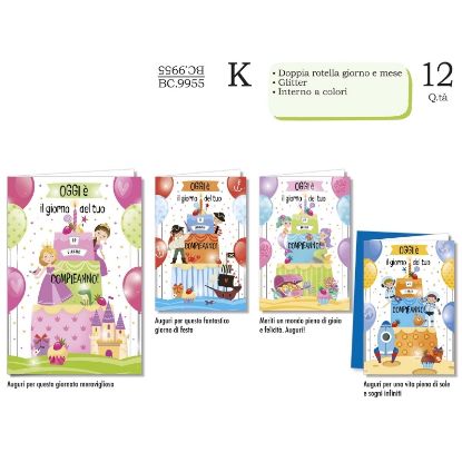 Immagine di BIGLIETTI CROMO COMPLEANNO BAMBINI ROTELLA 12pz