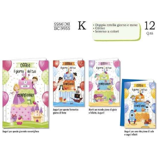 Immagine di BIGLIETTI CROMO COMPLEANNO BAMBINI ROTELLA 12pz