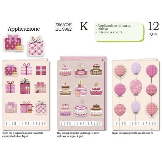 Immagine di BIGLIETTI CROMO COMPLEANNO FEMMINILE APPLICAZIONE 12pz