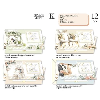 Immagine di BIGLIETTI CROMO PORTASOLDI NOZZE 12pz