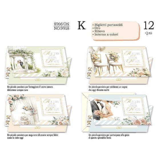Immagine di BIGLIETTI CROMO PORTASOLDI NOZZE 12pz