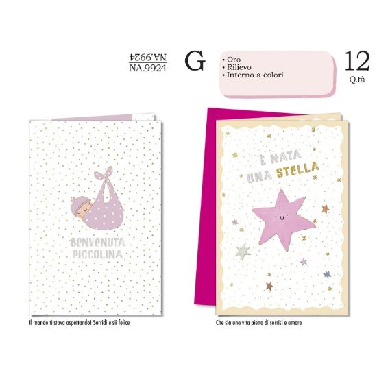Immagine di BIGLIETTI CROMO NASCITA ROSA 12pz