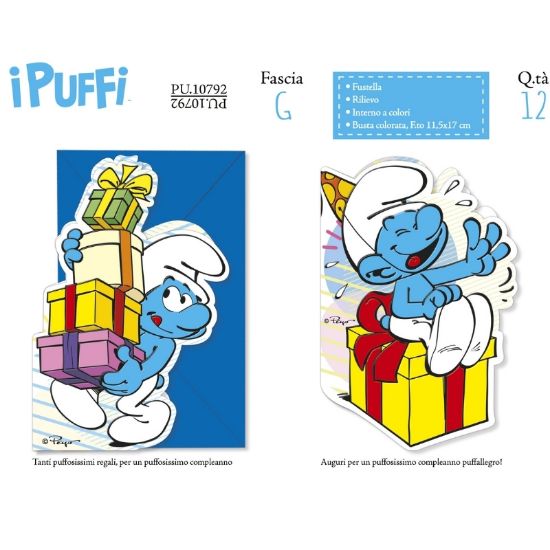 Immagine di BIGLIETTI CROMO PUFFI COMPLEANNO SAGOMATI 12pz