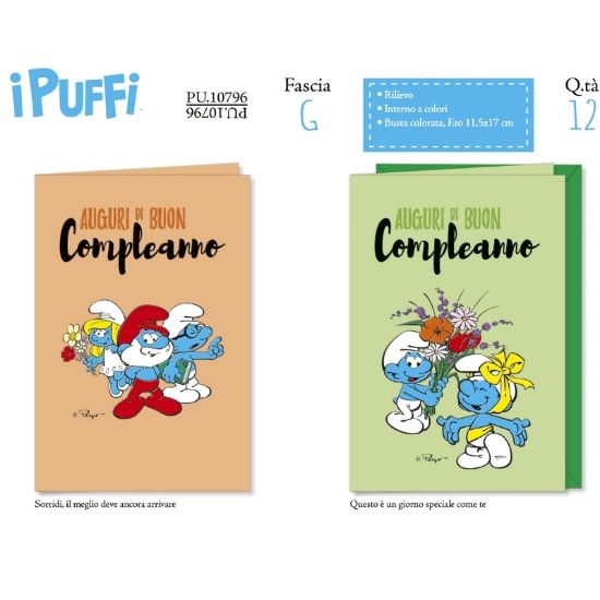 Immagine di BIGLIETTI CROMO PUFFI COMPLEANNO 12pz