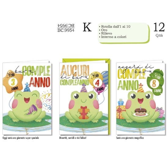 Immagine di BIGLIETTI CROMO COMPLEANNO BAMBINI CON ROTELLA ETÃ 12pz