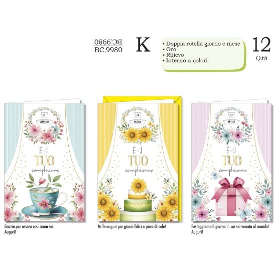 Immagine di BIGLIETTI CROMO COMPLEANNO FEMMINILE ROTELLA DATA 12pz