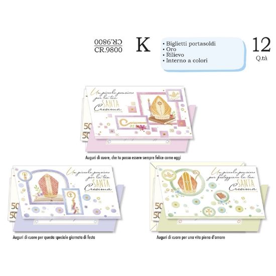 Immagine di BIGLIETTI CROMO PORTASOLDI CRESIMA 12pz