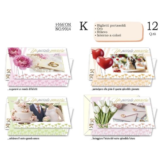 Immagine di BIGLIETTI CROMO PORTASOLDI NOZZE 12pz