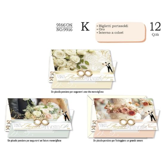 Immagine di BIGLIETTI CROMO PORTASOLDI NOZZE 12pz