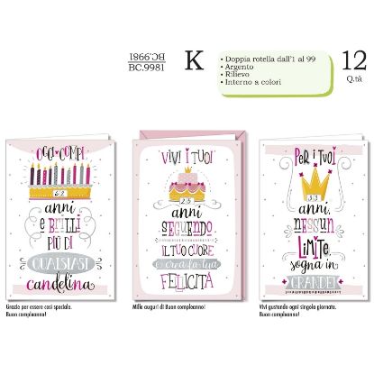 Immagine di BIGLIETTI CROMO COMPLEANNO FEMMINILE ROTELLA ETÃ 12pz
