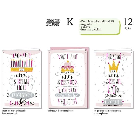 Immagine di BIGLIETTI CROMO COMPLEANNO FEMMINILE ROTELLA ETÃ 12pz