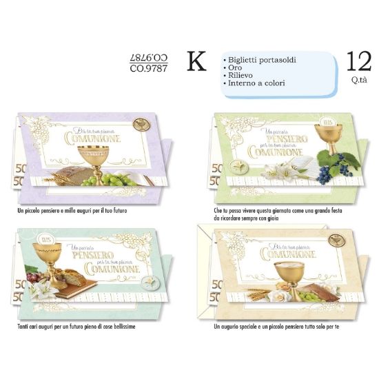 Immagine di BIGLIETTI CROMO PORTASOLDI COMUNIONE 12pz