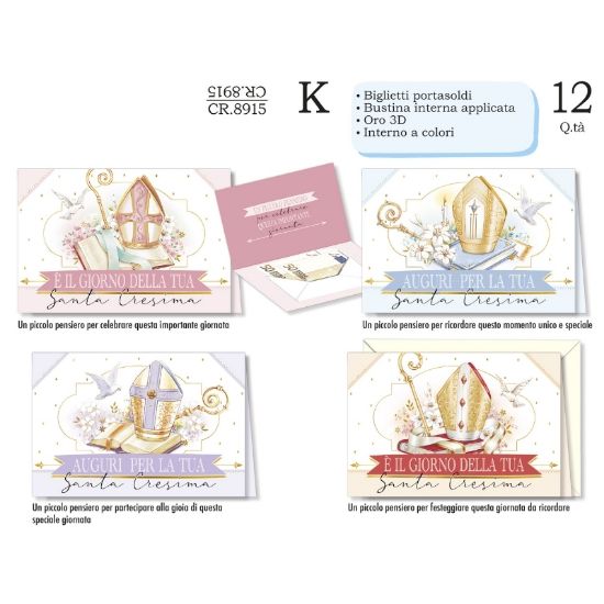 Immagine di BIGLIETTI CROMO PORTASOLDI CRESIMA 12pz