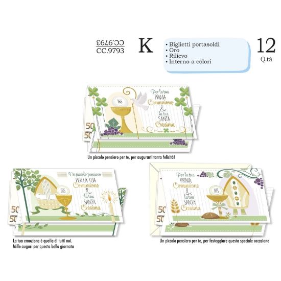 Immagine di BIGLIETTI CROMO PORTASOLDI COMUNIONE E CRESIMA 12pz
