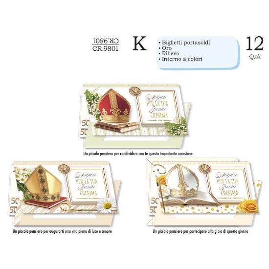 Immagine di BIGLIETTI CROMO PORTASOLDI CRESIMA 12pz