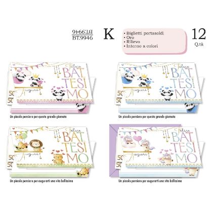 Immagine di BIGLIETTI CROMO PORTASOLDI BATTESIMO 12pz