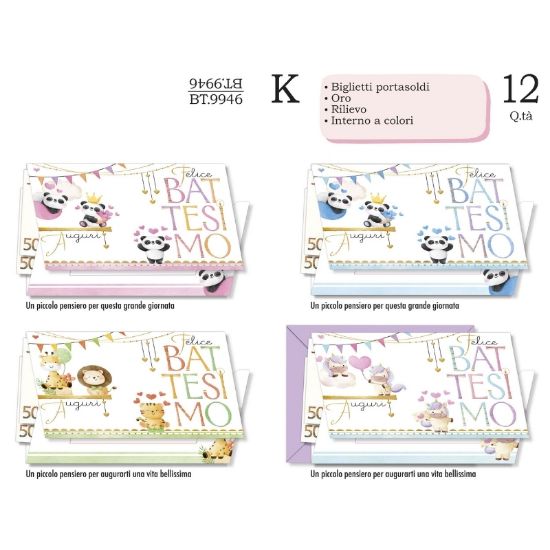 Immagine di BIGLIETTI CROMO PORTASOLDI BATTESIMO 12pz
