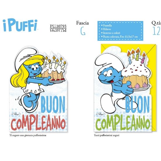 Picture of BIGLIETTI CROMO PUFFI COMPLEANNO SAGOMATI 12pz