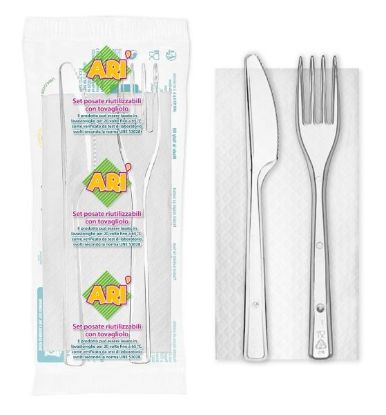 Immagine di POSATE KIT FORCHETTA+COLTELLO+TOVAGLIOLO 100pz RIUTILIZZABILE