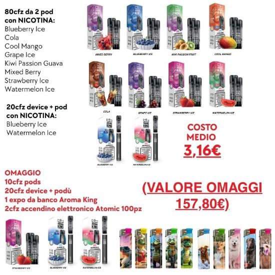 Immagine di AROMA KING POD KIT PROMO 130pz + EXPO OMAGGIO + 100 ACCENDINI OMAGGIO