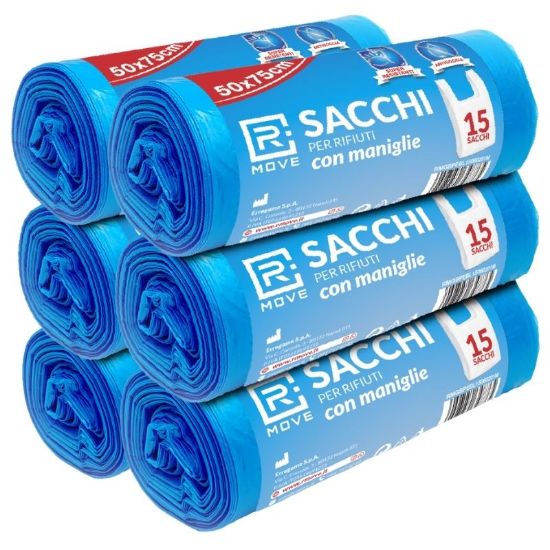 Picture of SACCHETTI IMMONDIZIA 50x75cm 6x15pz AZZURRO CON MANIGLIE