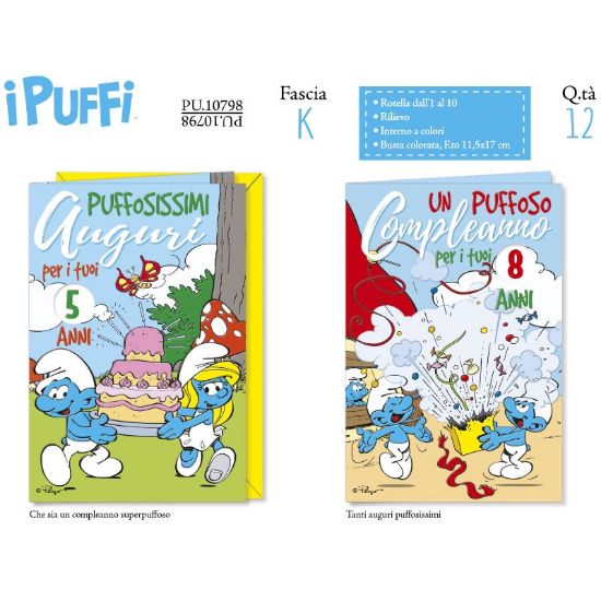 Immagine di BIGLIETTI CROMO PUFFI COMPLEANNO 12pz ROTELLA