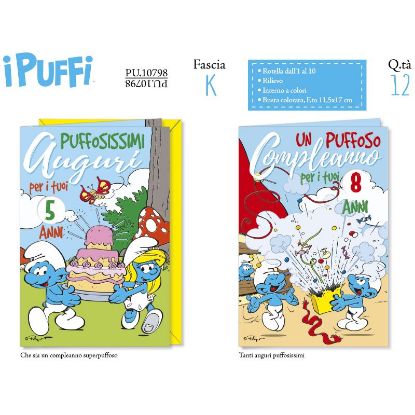 Immagine di BIGLIETTI CROMO PUFFI COMPLEANNO 12pz ROTELLA