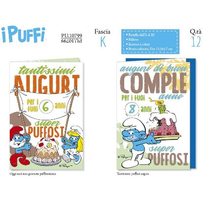 Immagine di BIGLIETTI CROMO PUFFI COMPLEANNO 12pz ROTELLA