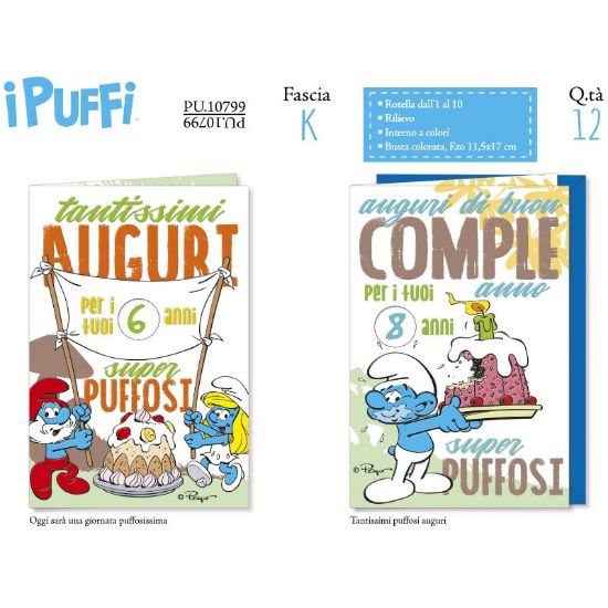 Immagine di BIGLIETTI CROMO PUFFI COMPLEANNO 12pz ROTELLA