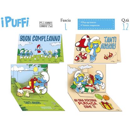 Immagine di BIGLIETTI CROMO PUFFI COMPLEANNO 12pz POP UP