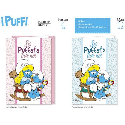 Immagine di BIGLIETTI CROMO PUFFI COMPLEANNO 12pz