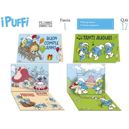 Immagine di BIGLIETTI CROMO PUFFI COMPLEANNO 12pz POP UP