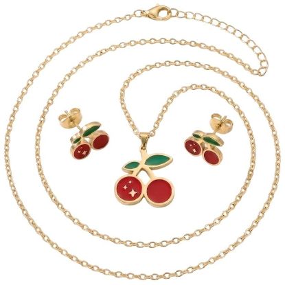Immagine di BLINK PAROURE CHERRY Orecchini + Collana Gold  Stainless Steel 304 + Smalto